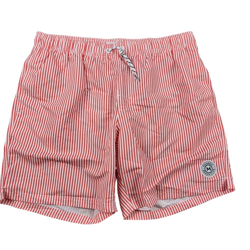 Maamgic Men's Red White Striped Board Shorts Swim Trunks Mesh Lined Size L